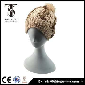 Marrón gris islandia chunky knit jacquard invierno sombrero con pom-pom